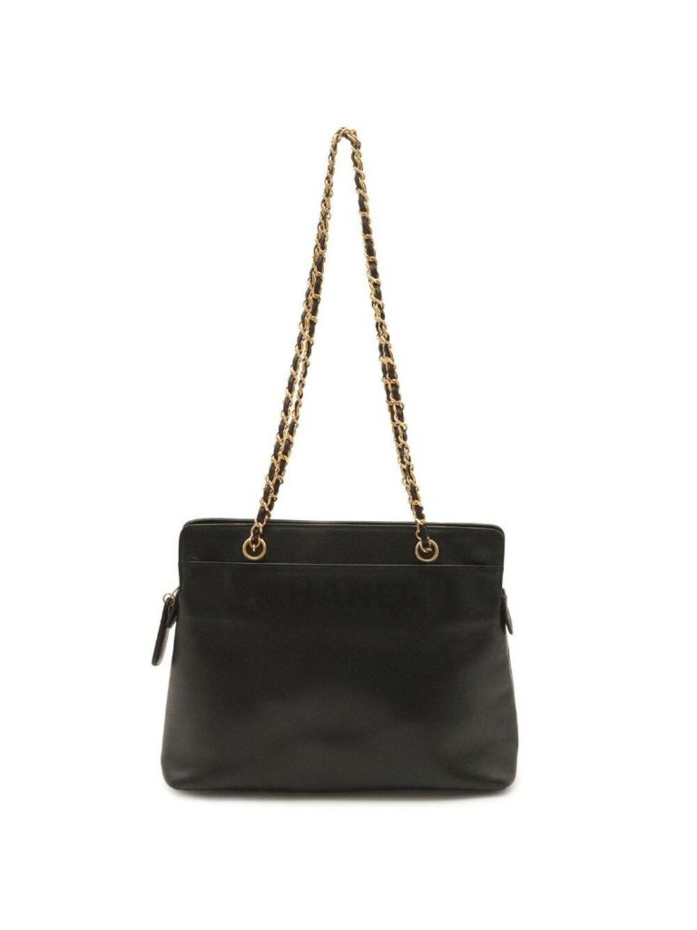 Chanel Logo Chain Shoulder Bag Caviar Leather Black Gold
